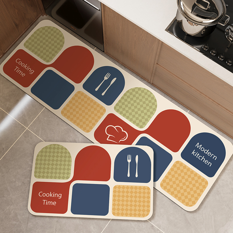 Home Cooking Made Easy - モダンなキッチンマットセット、滑り止め、幾何学模様、ブラウン、ニュートラル、お手入れ簡単、調理台・シンク用フロアマット